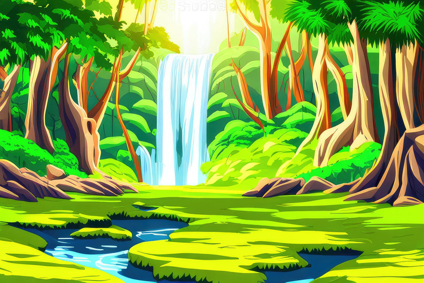 Waterfall in A Lush Jungle Illustration I Art Print