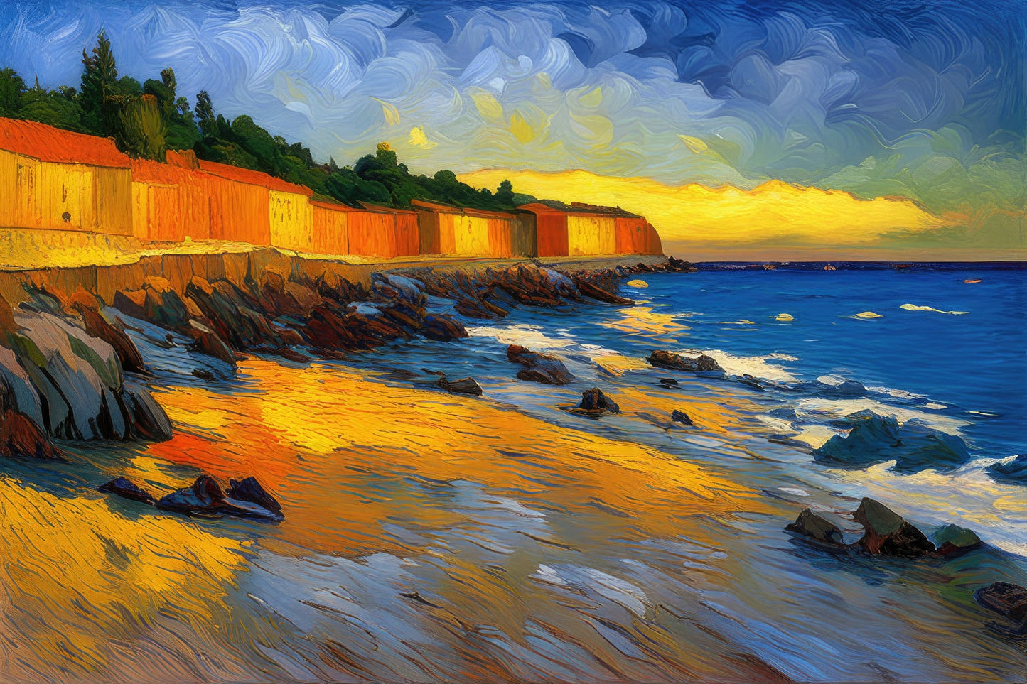 Houses Along The Coast Painting Art Print