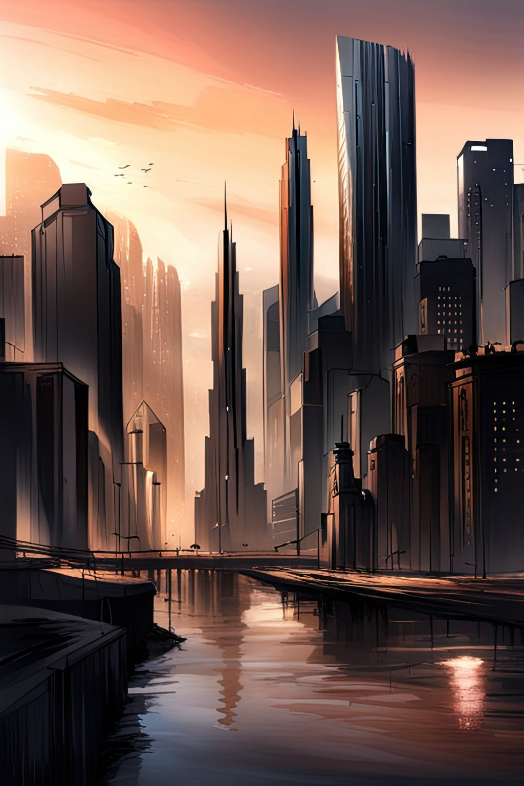 Cityscape at Sunset Illustration Art Print