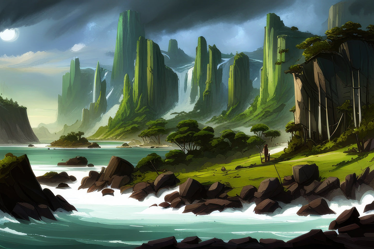 Lush Landscape Along a Flowing River Digital Illustration Art Print