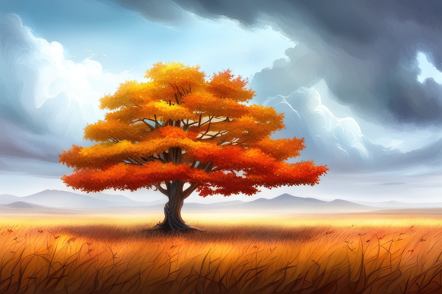 Single Tree in Autumn Digital Painting Art Print