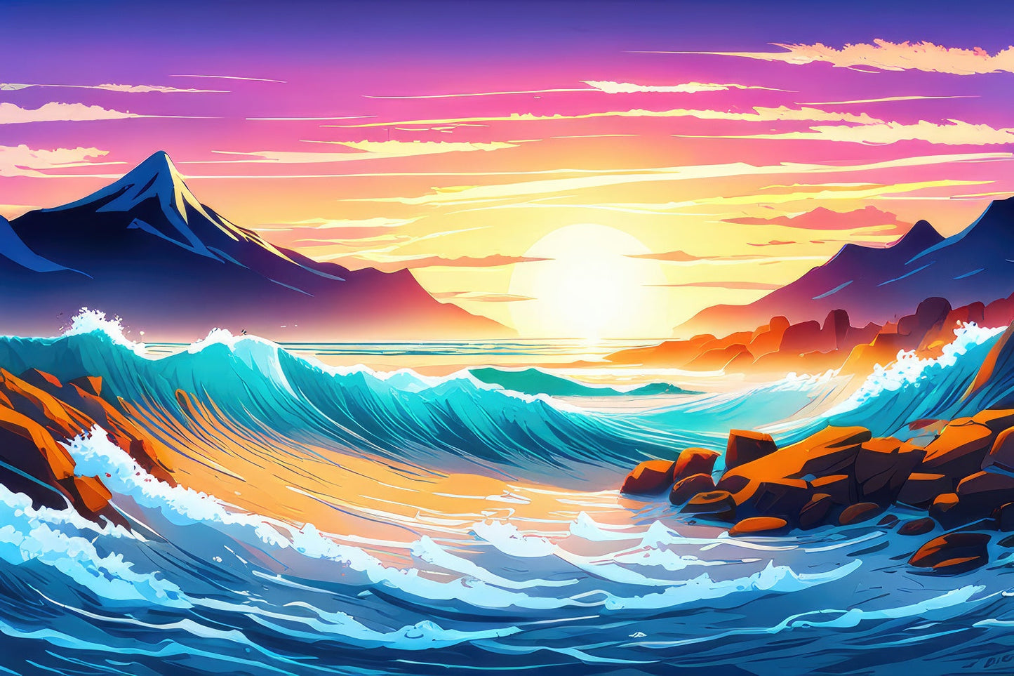 Mountains and Breaking Waves Digital Illustration Art Print