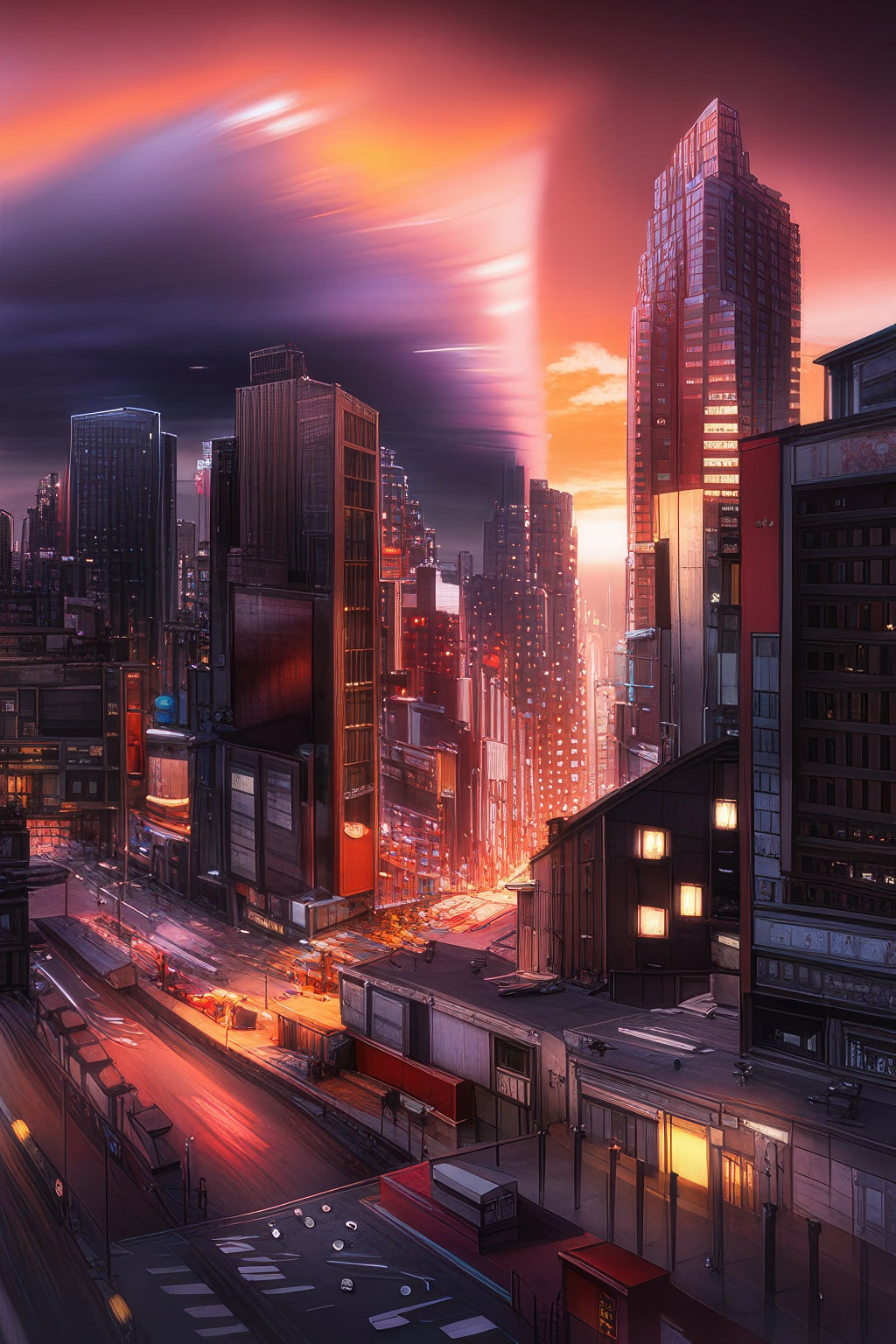 Bustling Futuristic City in The Evening Art Print