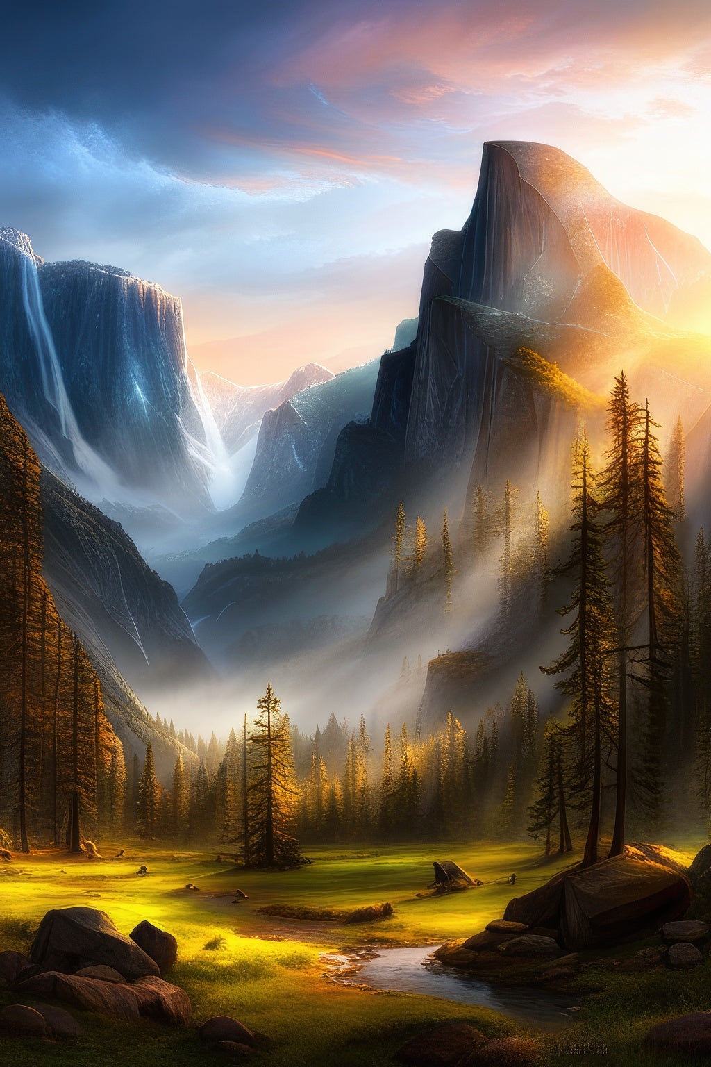Majestic Mountain Scene at Sunrise Digital Painting Art Print