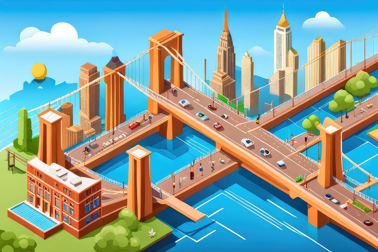 Bridge and City Isometric View Illustration Art Print