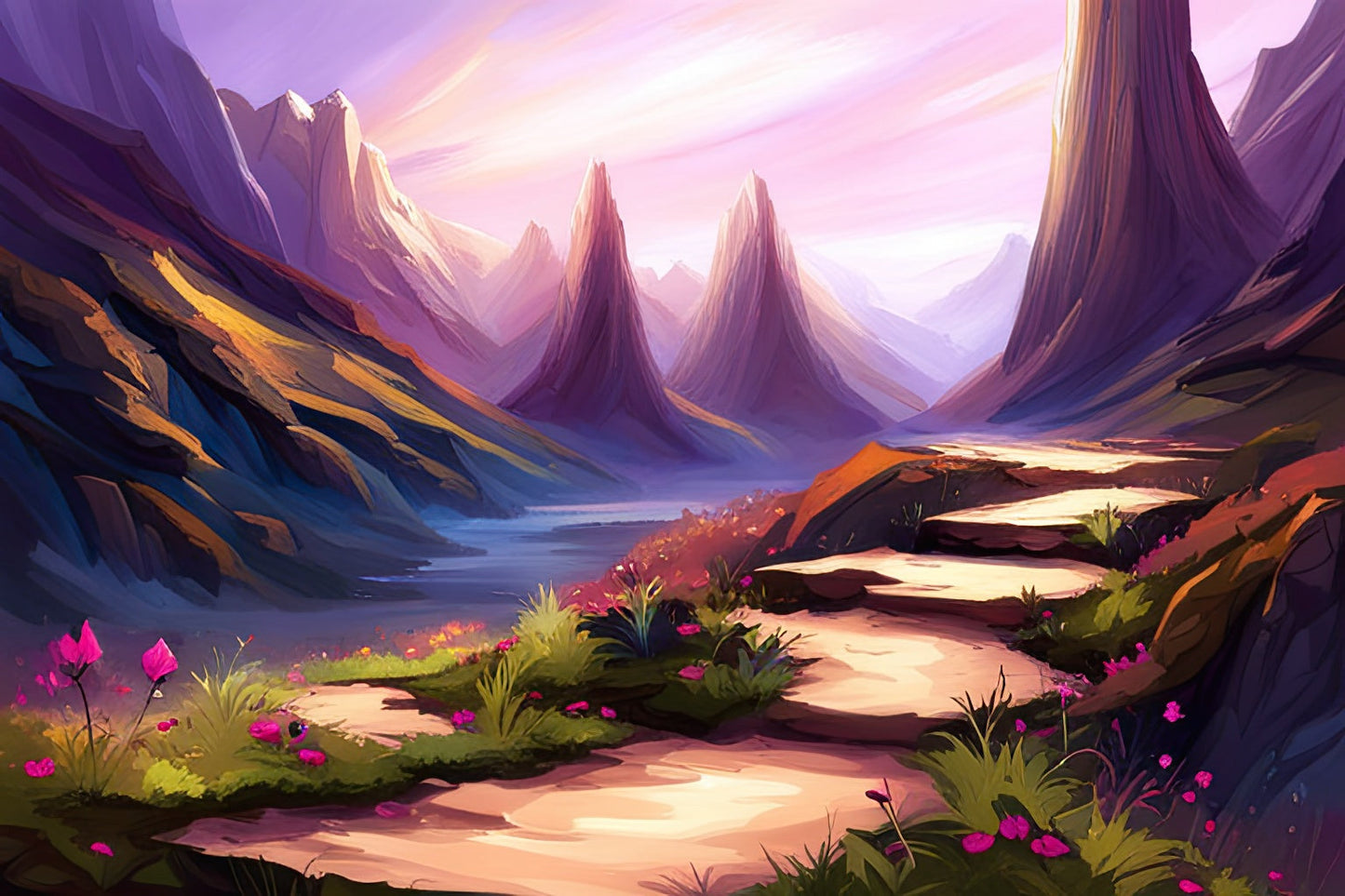 Landscape with Purple Flowers Digital Fantasy Painting Art Print