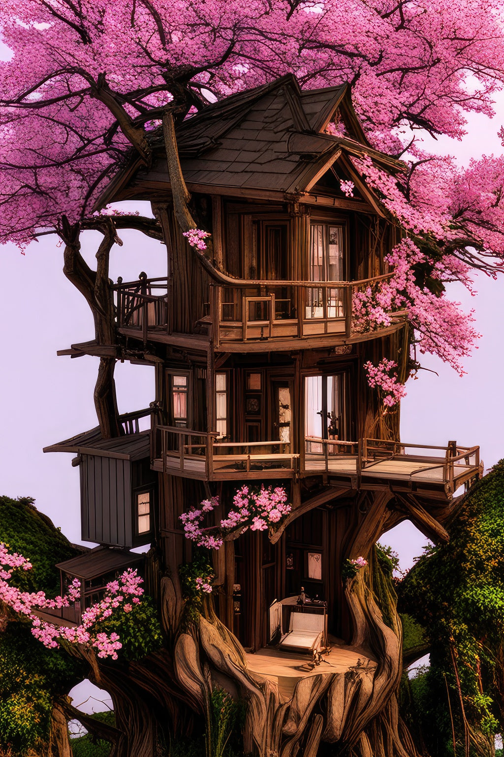 Cherry Blossom Tree House Digital Illustration Art Print