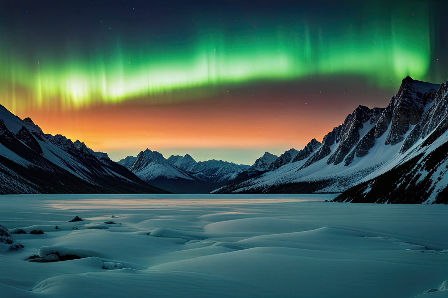 Aurora Borealis Over Snowy Mountains Photo I Art Print
