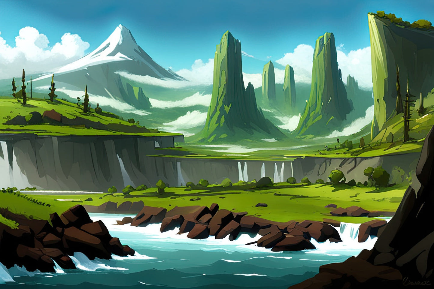 Mountains and Waterfalls Landscape Concept Art Print