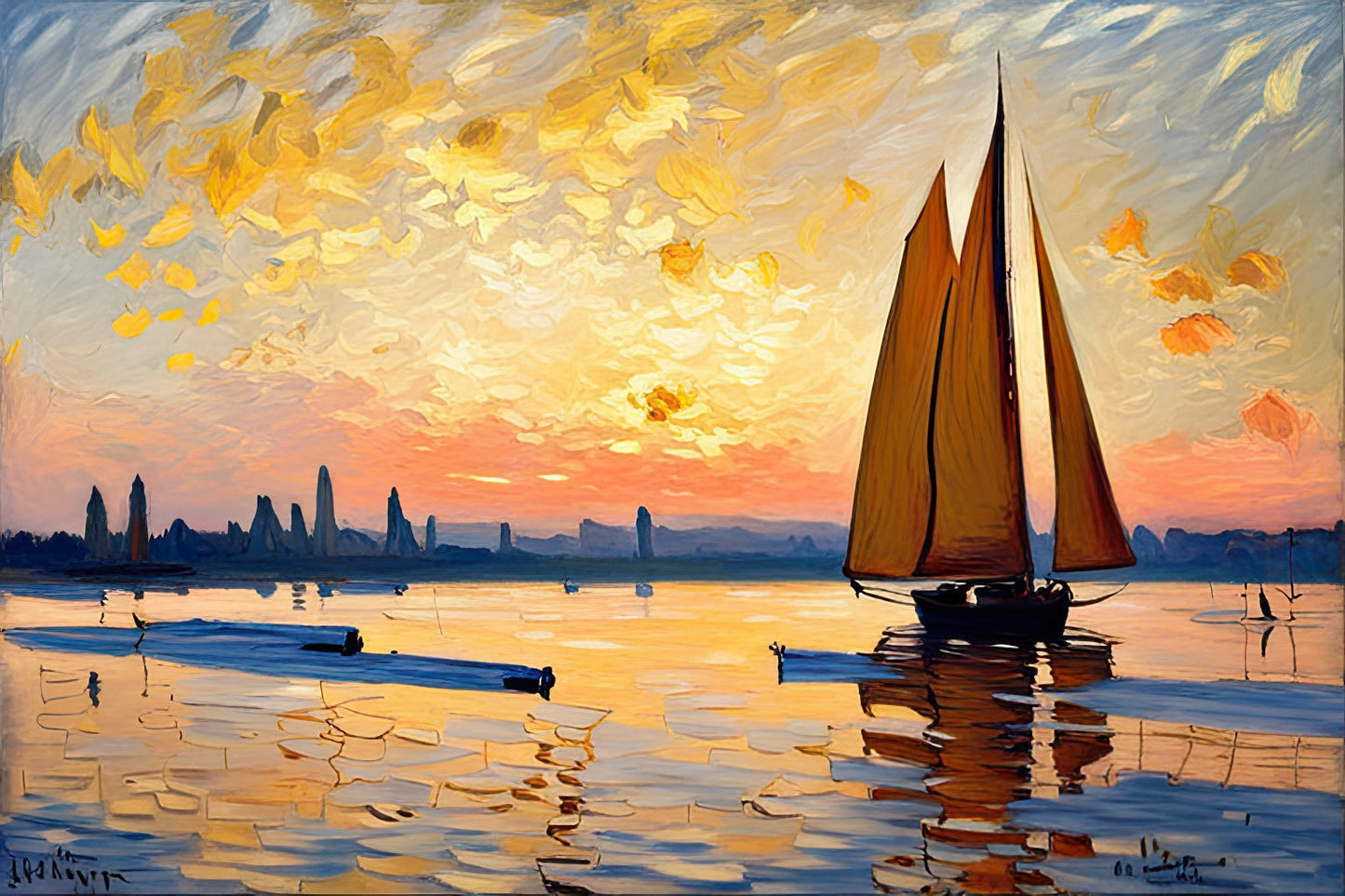 Sailboat with City Background Oil Painting Art Print