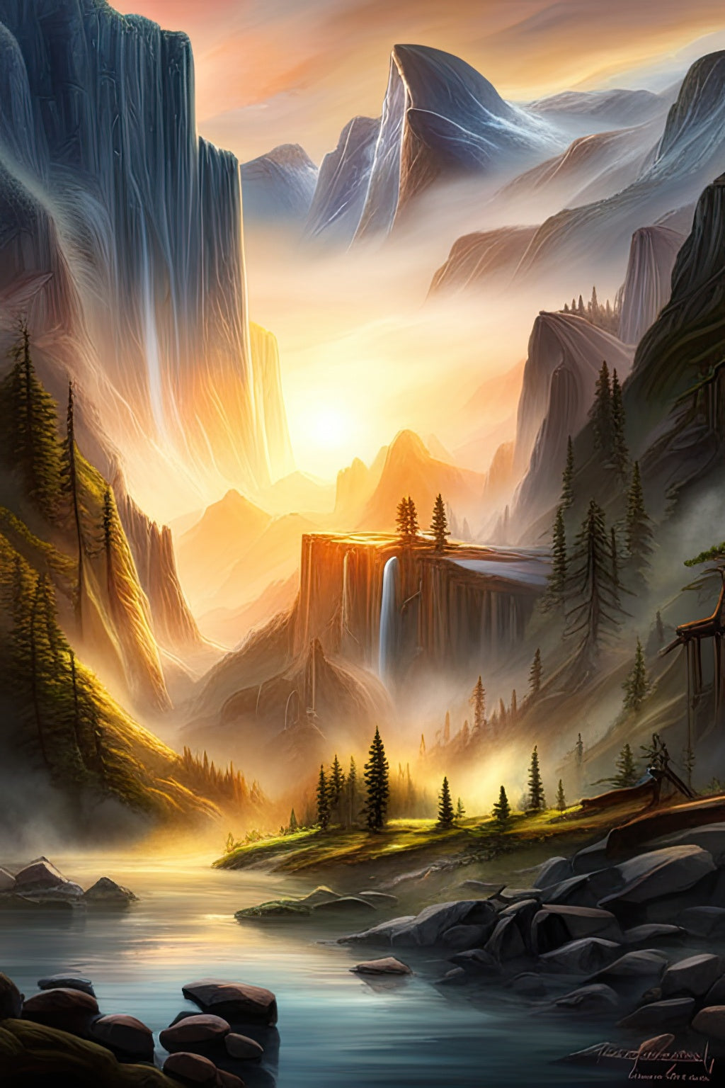 Majestic Sunset in The Cliffs Digital Fantasy Painting Art Print