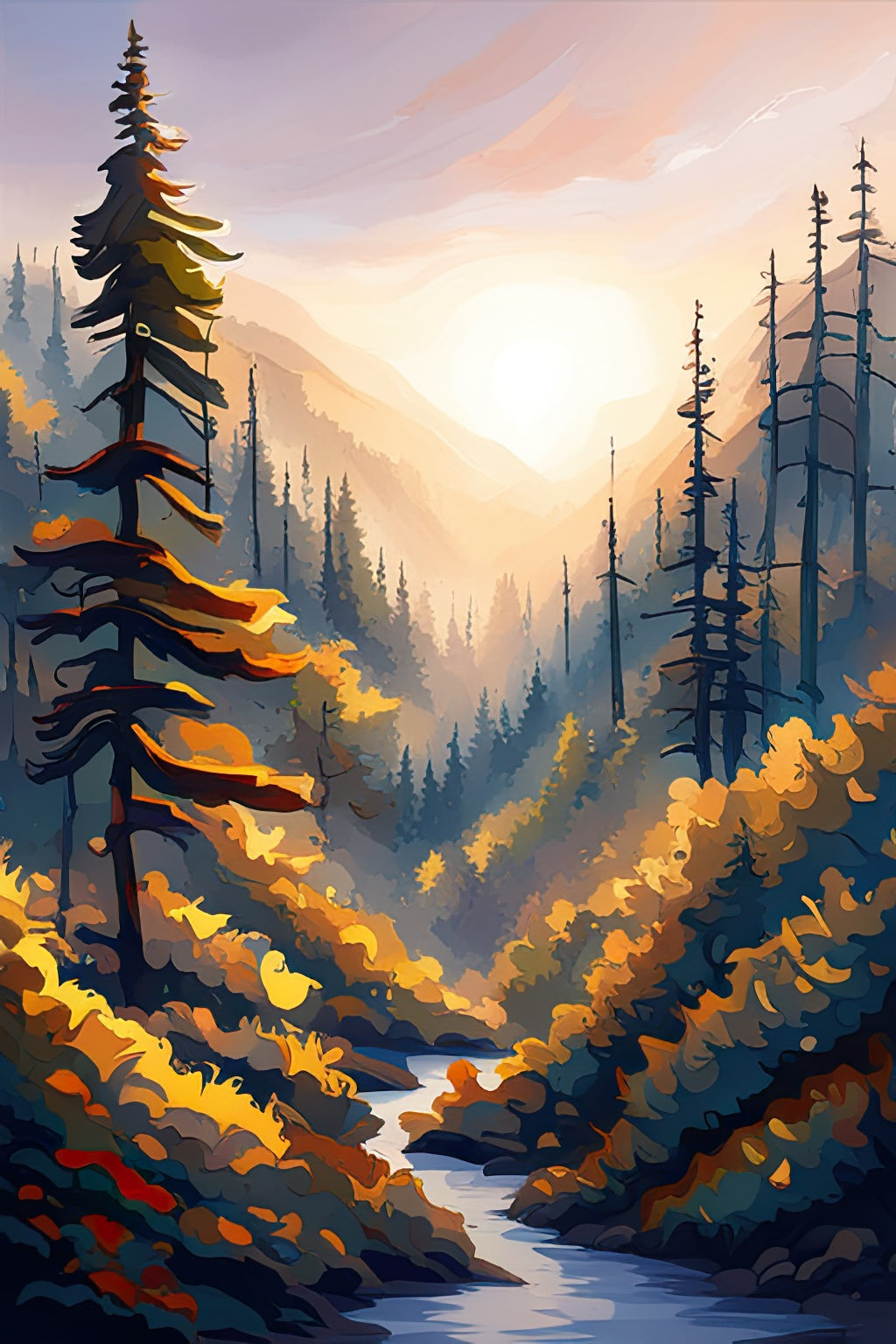 Cascade National Forest and Stream Acrylic Painting Art Print