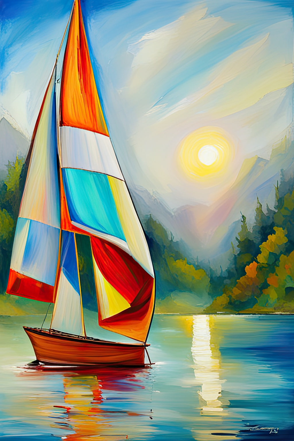 Colorful Sailboat at Sunset Acrylic Painting Art Print