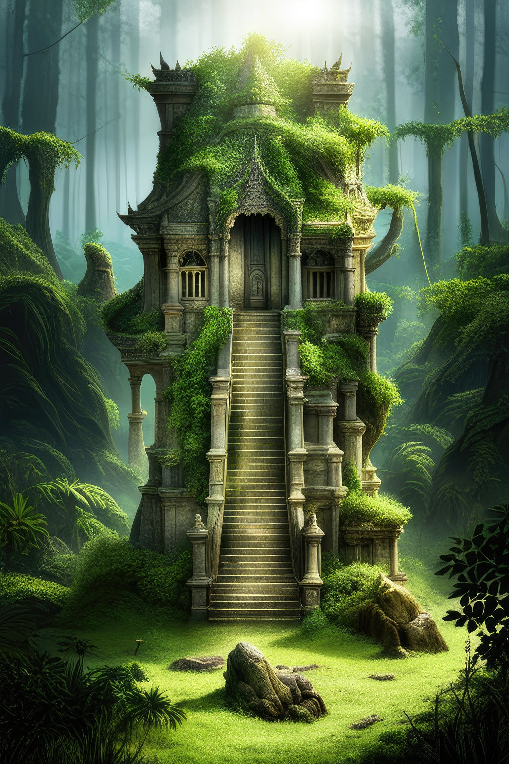 Ancient Temple in The Jungle Digital Fantasy Painting Art Print