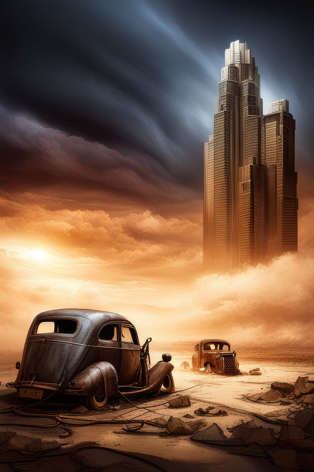 Broken Down Car in The Apocalypse Digital Matte Painting I Art Print