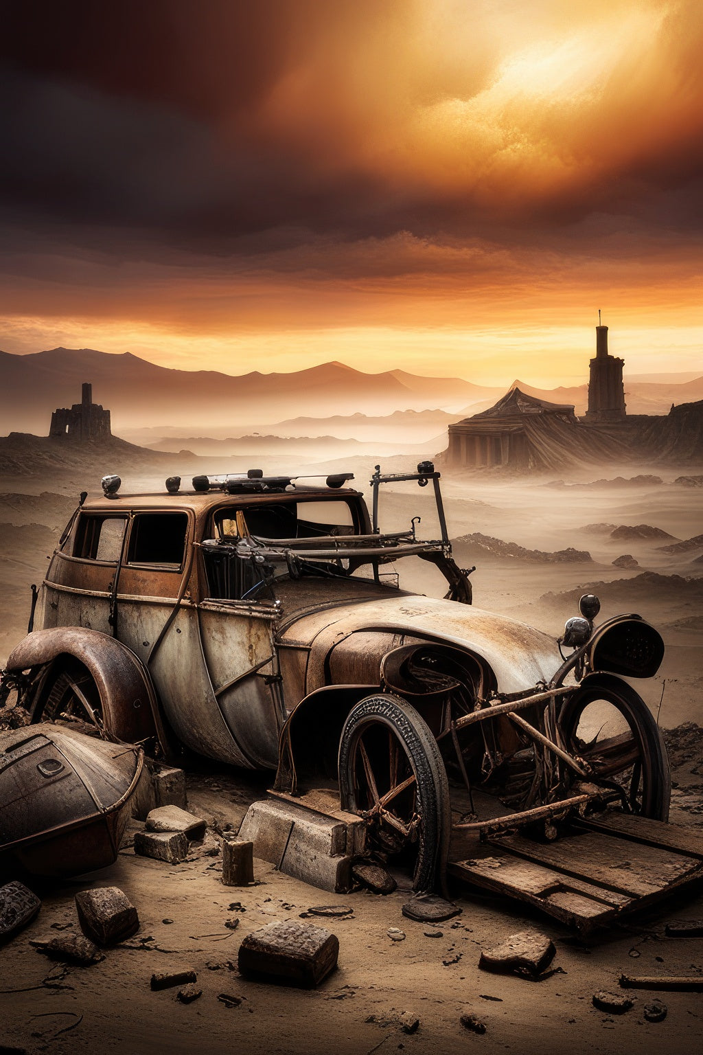 Broken Down Car in The Apocalypse Digital Matte Painting II Art Print
