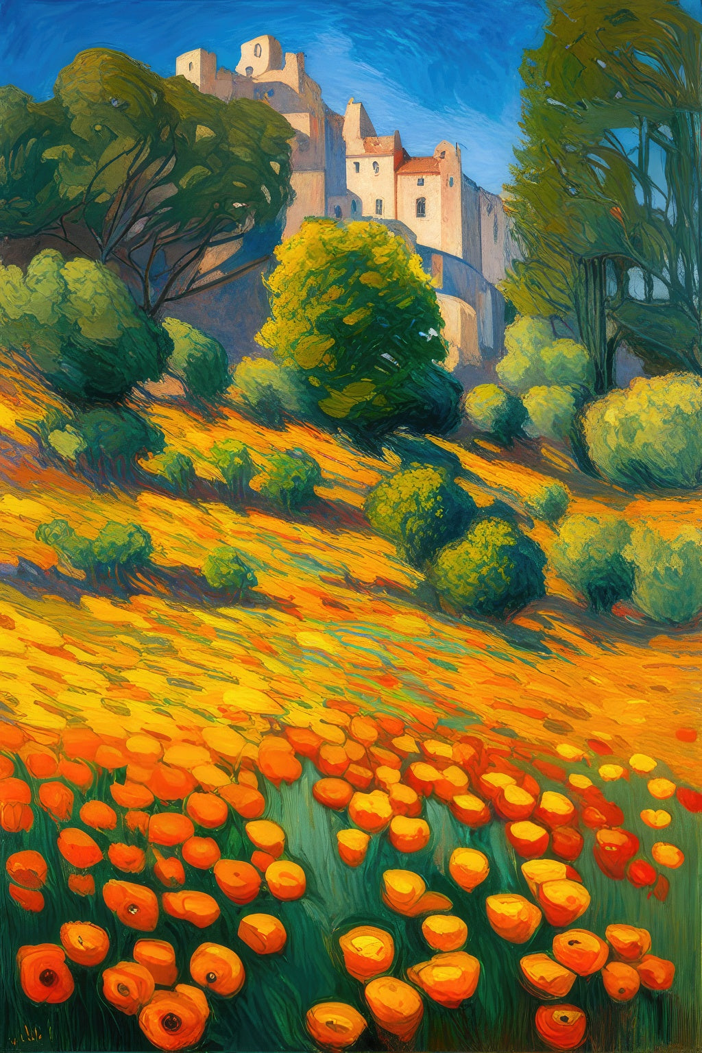 Poppies Near Spanish Village Art Print