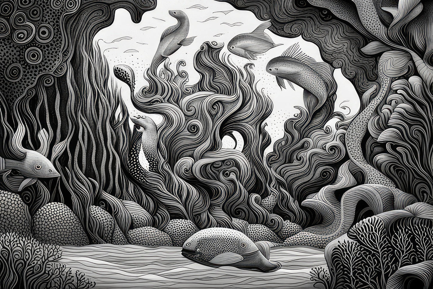 Pen and Ink Drawing of An Underwater World Art Print