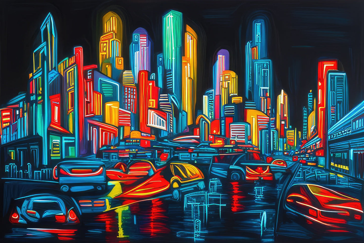 Vibrant Futuristic Cityscape Acrylic Painting II Art Print