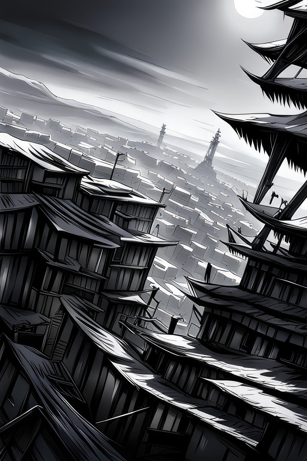 Asian Metropolis Black and White Illustration Art Print