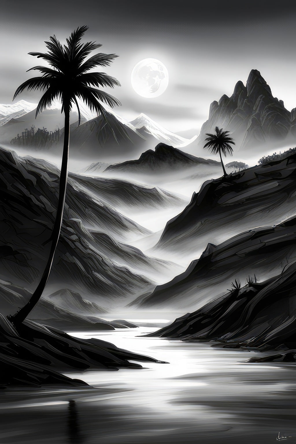 Two Palms Along A River in The Moonlight Black and White Illustration Art Print