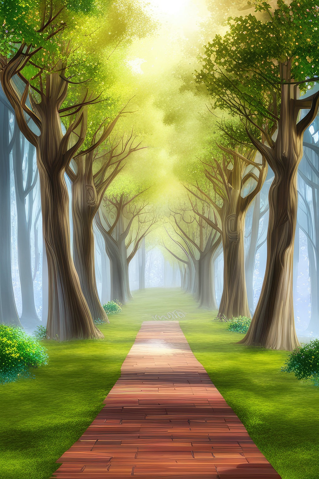 Brick Path Through Alley of Oak Trees Digital Illustration Art Print
