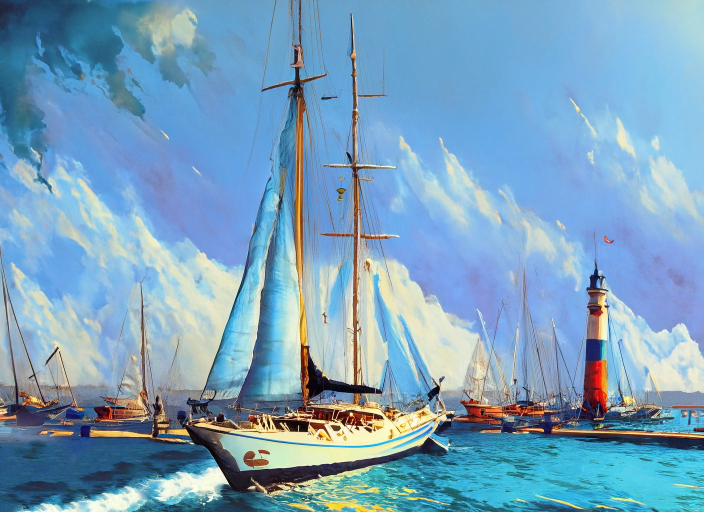 Sailboat and Lighthouse Oil Painting Art Print