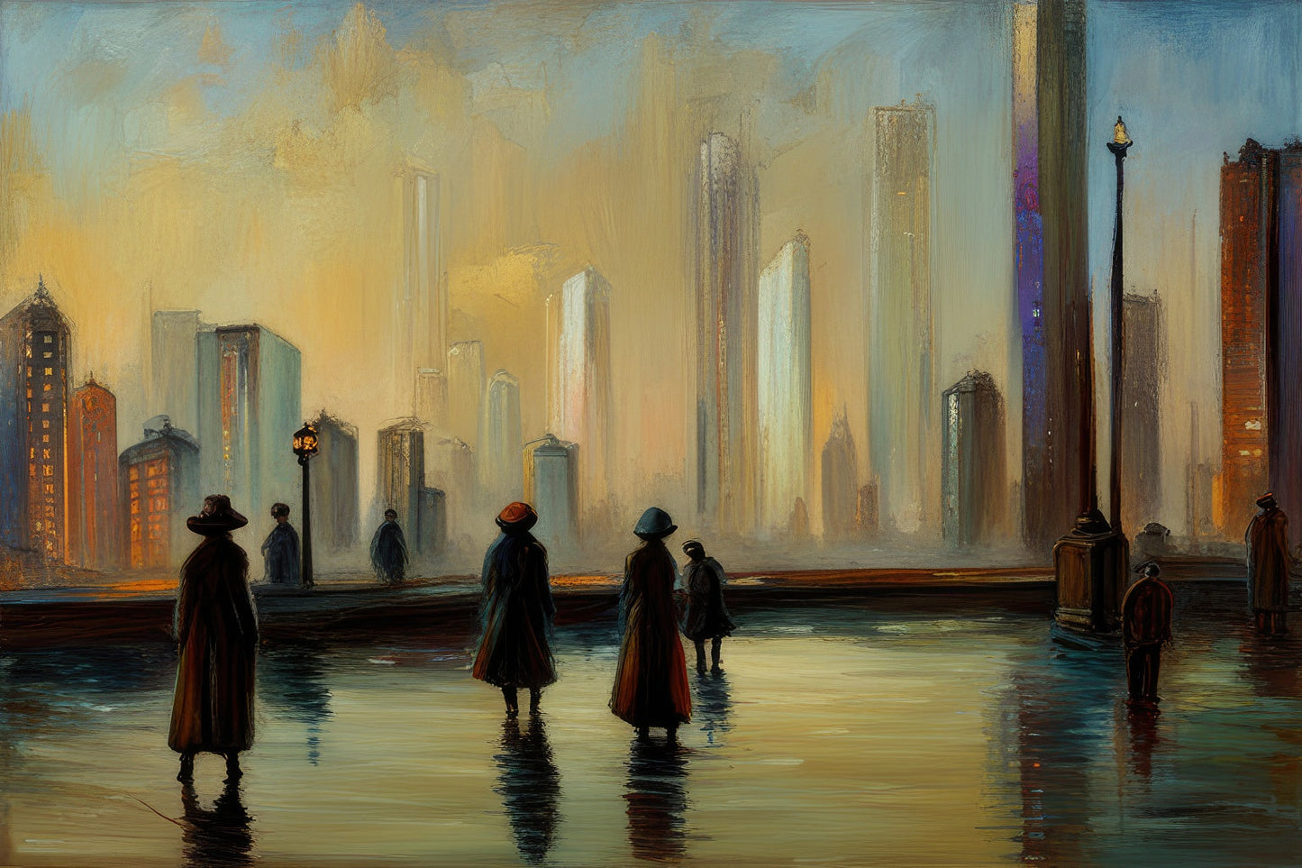 City Street Scene in The Rain Painting Art Print