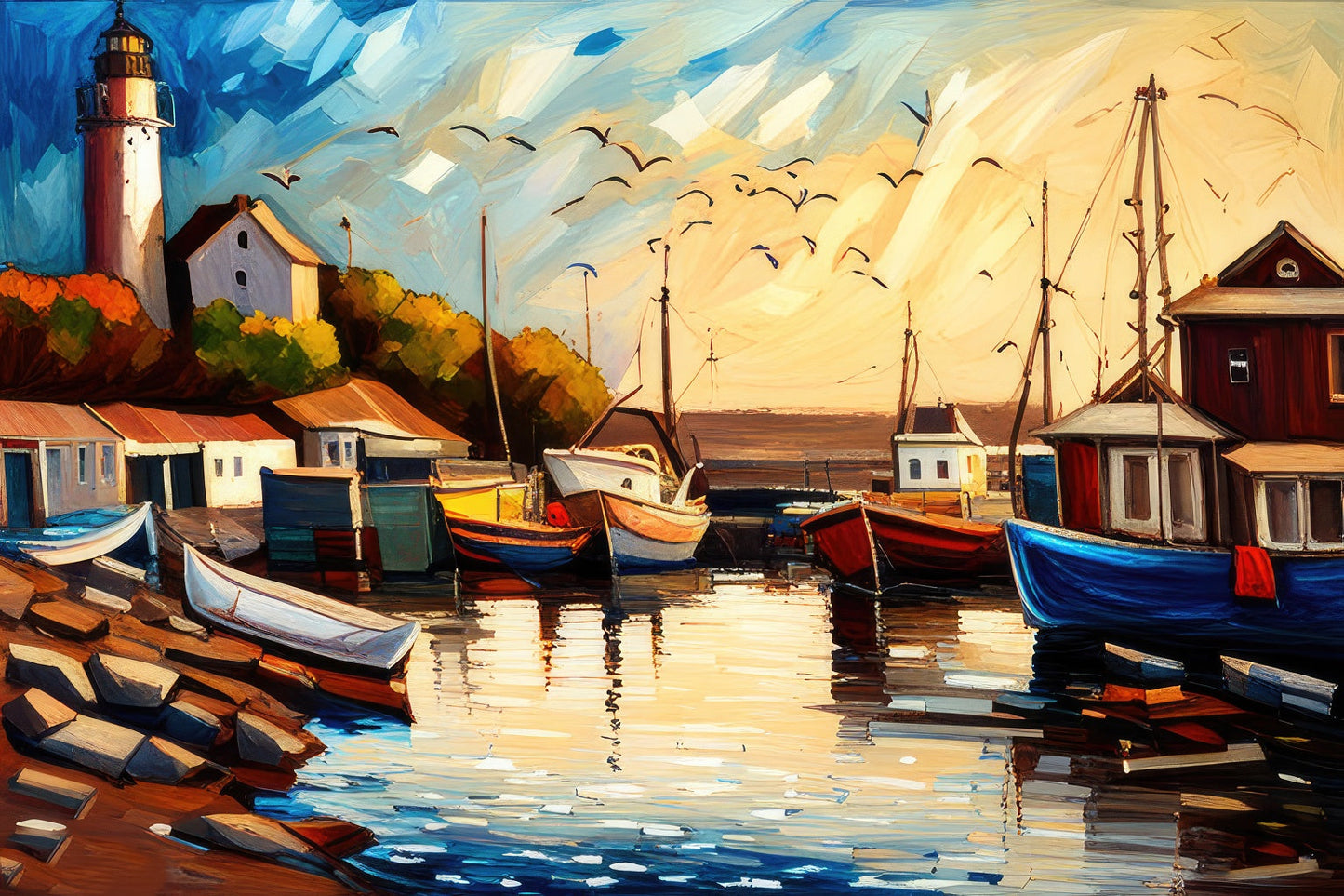 Tranquil Harbor Seascape Oil Painting Art Print