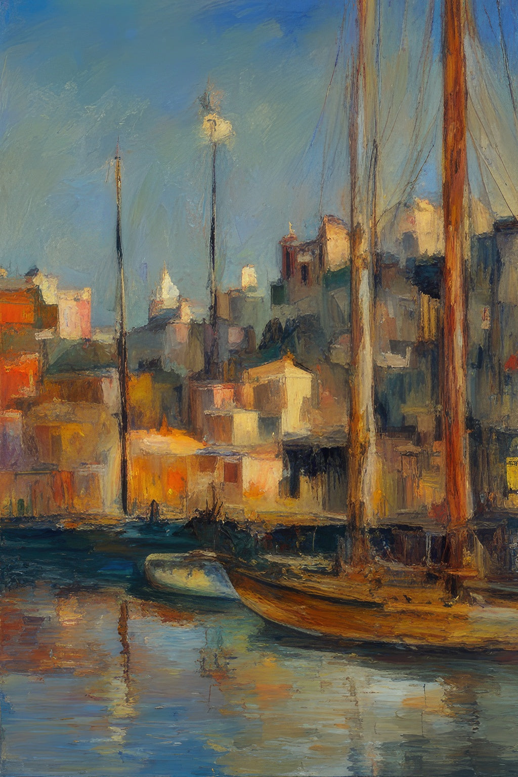 Sailboat Along The City Shoreline Oil Painting Art Print