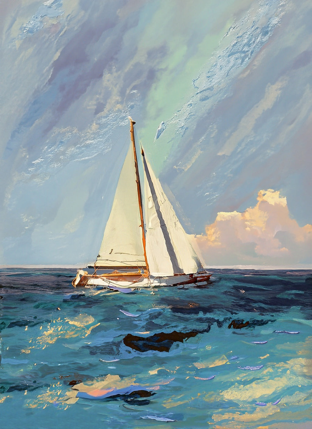Sailboat in Rough Seas Oil Painting Art Print
