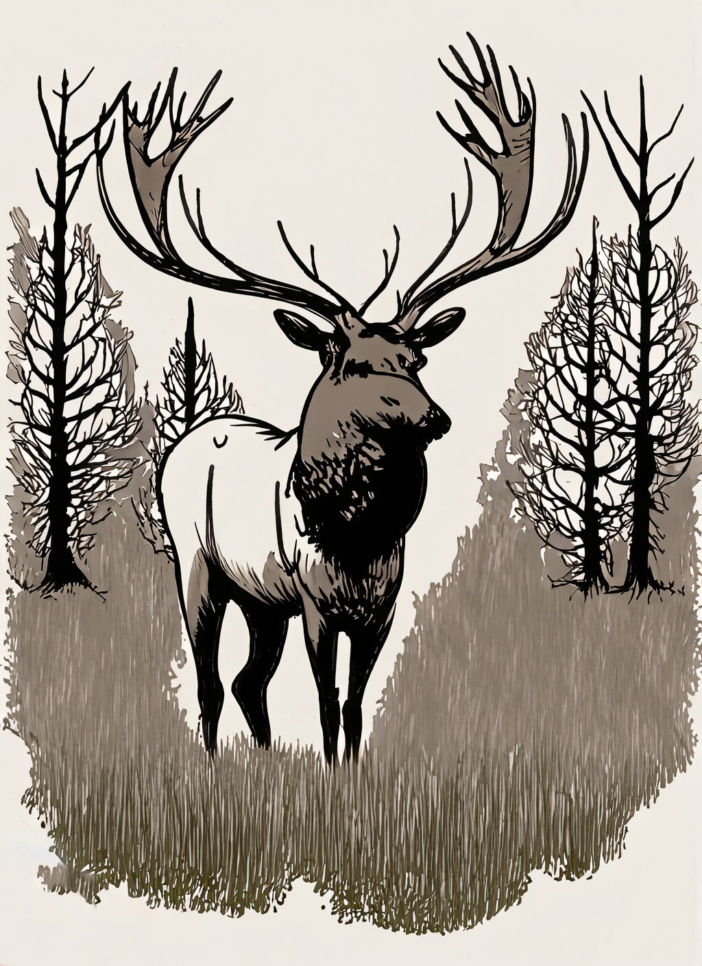 Deer in The Forest Pen and Ink Illustration Art Print