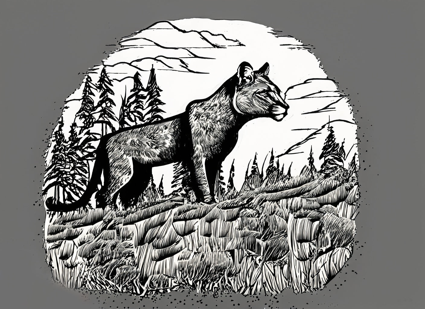 Mountain Lion in The Forest Pen and Ink Illustration Art Print