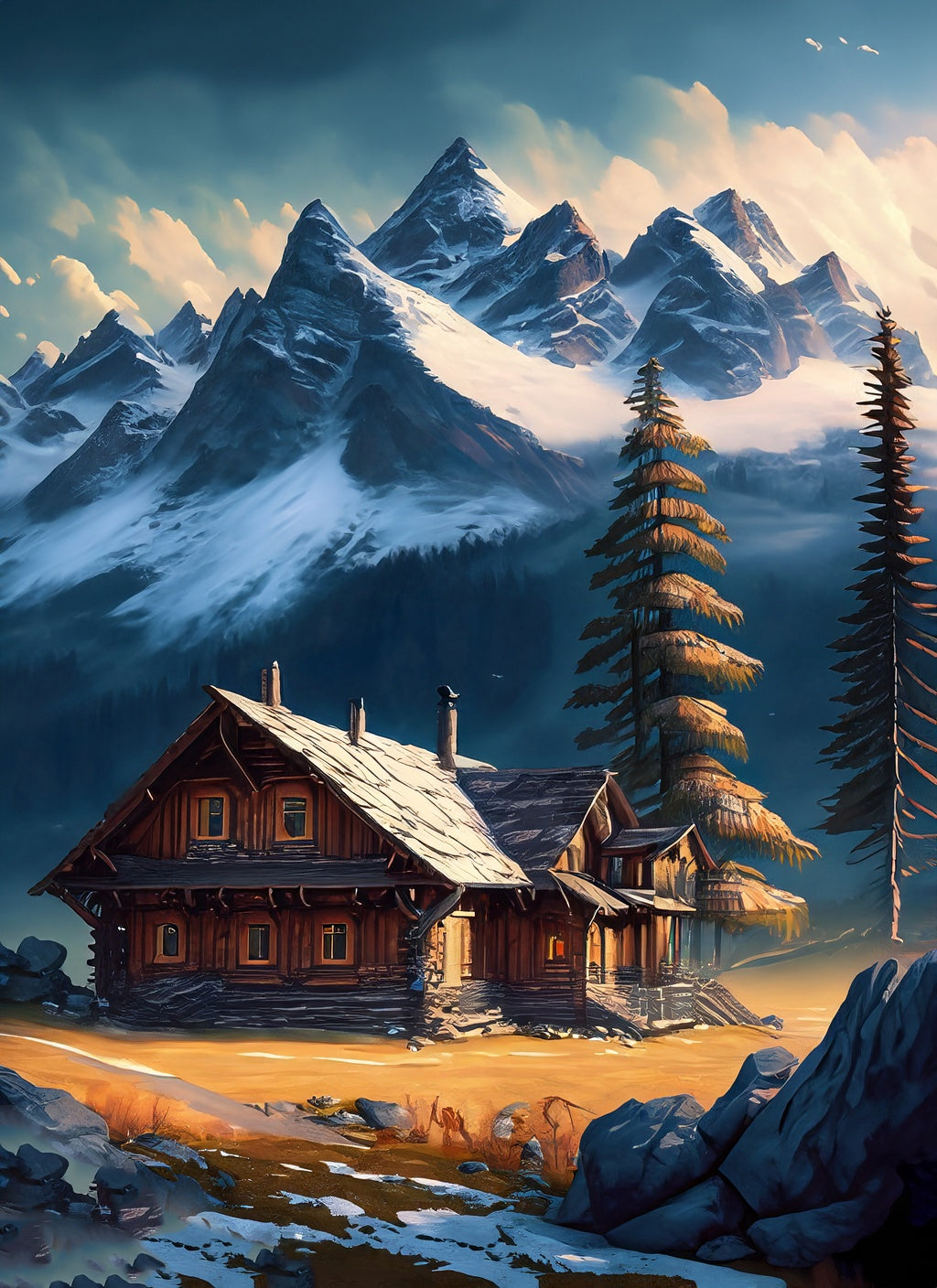 Log Cabin in The Snowy Mountians Art Print