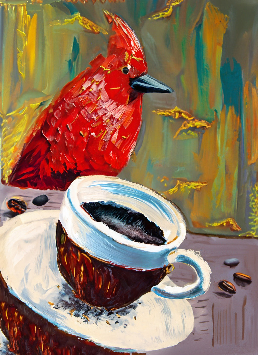 Cardinal and A Cup of Coffee Oil Painting Art Print