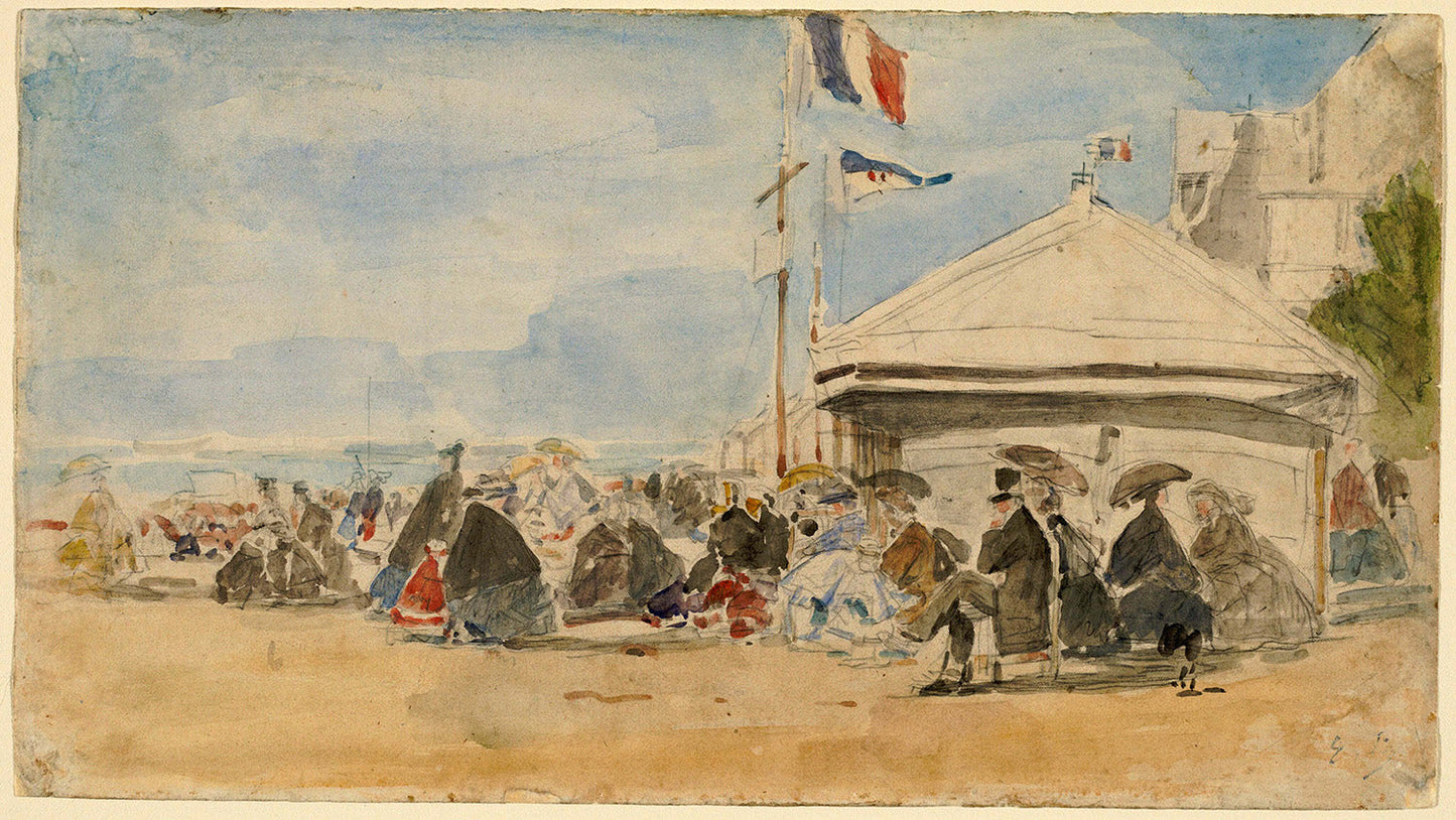 Beach House with Flags at Trouville by Eugene Boudin Art Print