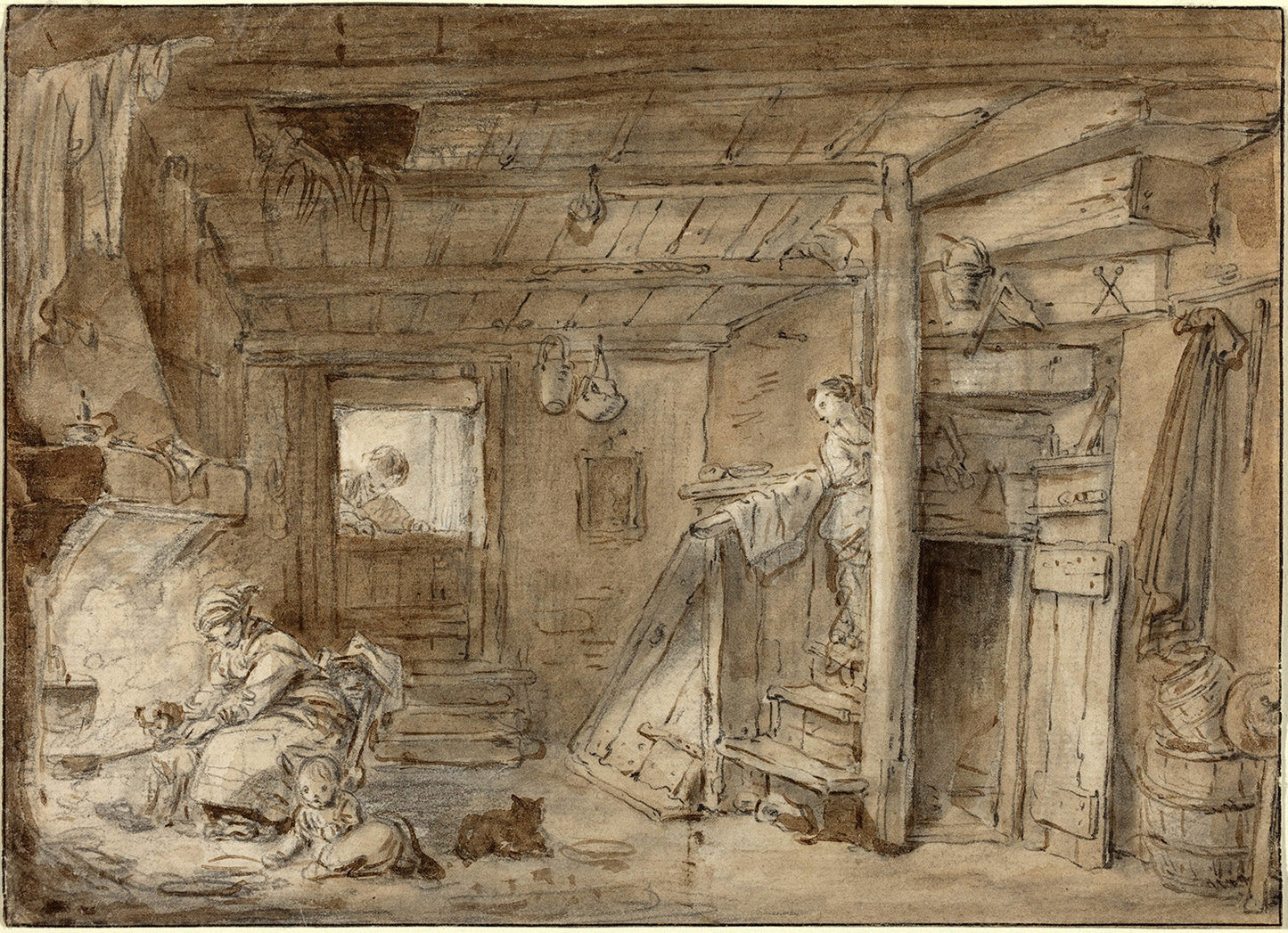 Interior of a Farmhouse with Figures by Attributed to Hubert Robert Art Print