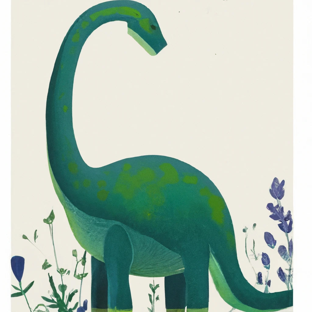 Green Dinosaur with Purple Flowers Painting Art Print