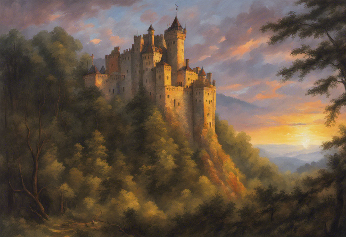 Castle in A Forest at Sunset Painting Art Print