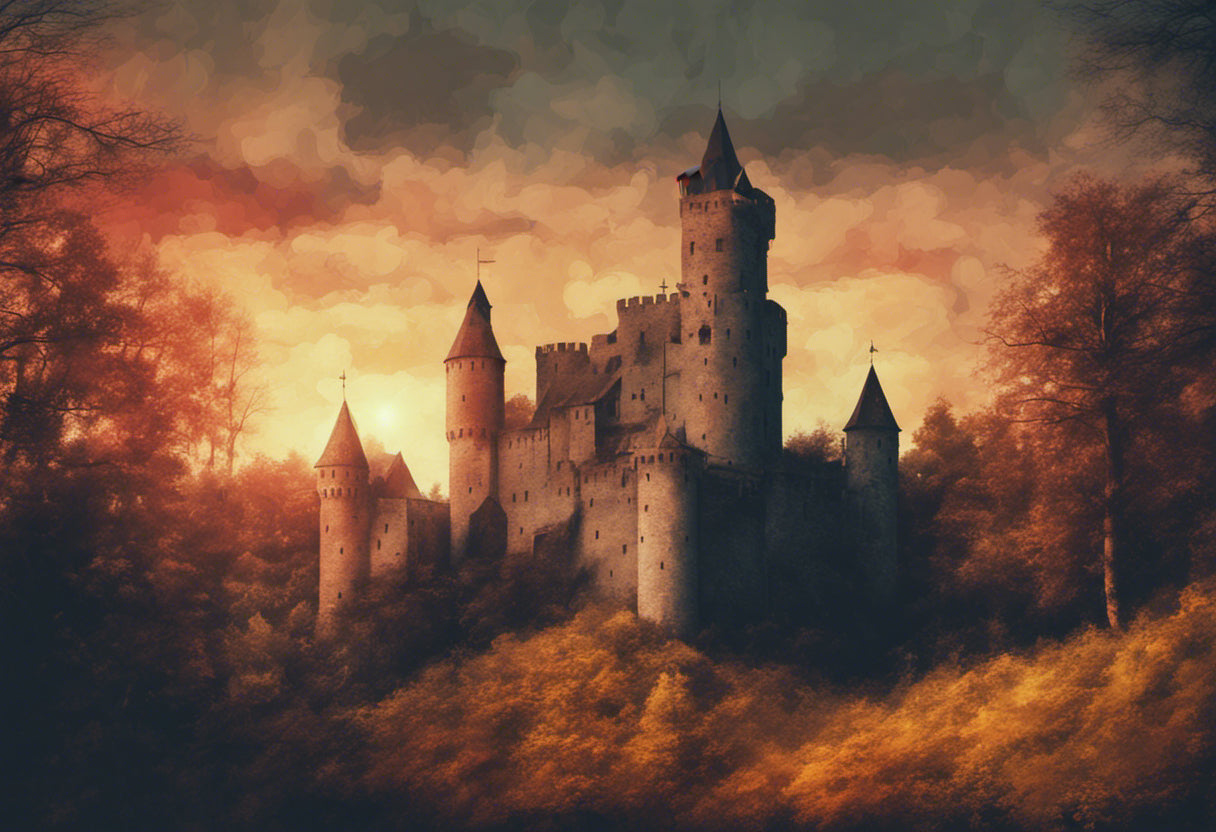Medieval Castle in A Forest at Sunset Digital Grunge Painting Art Print