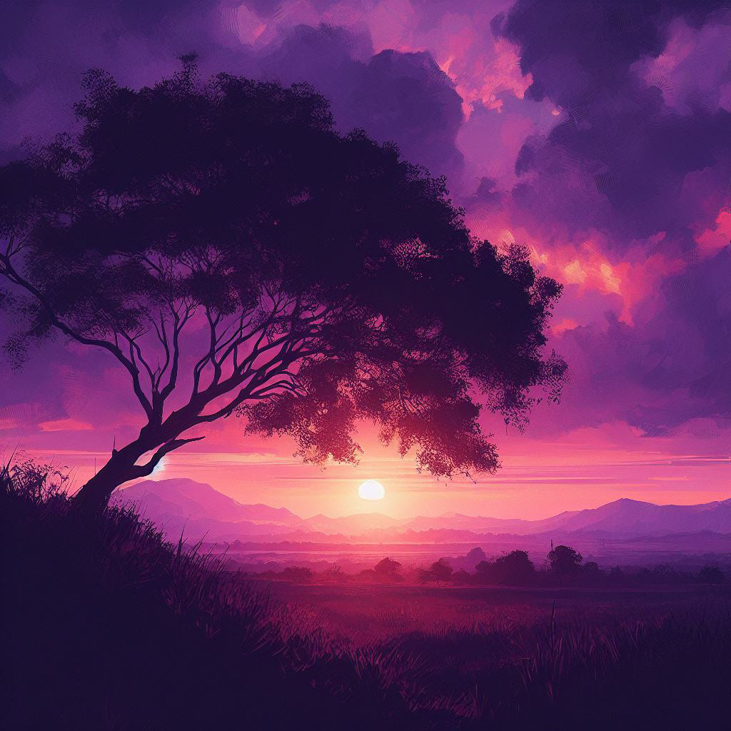 Purple Sunset with Tree Photography Art Print