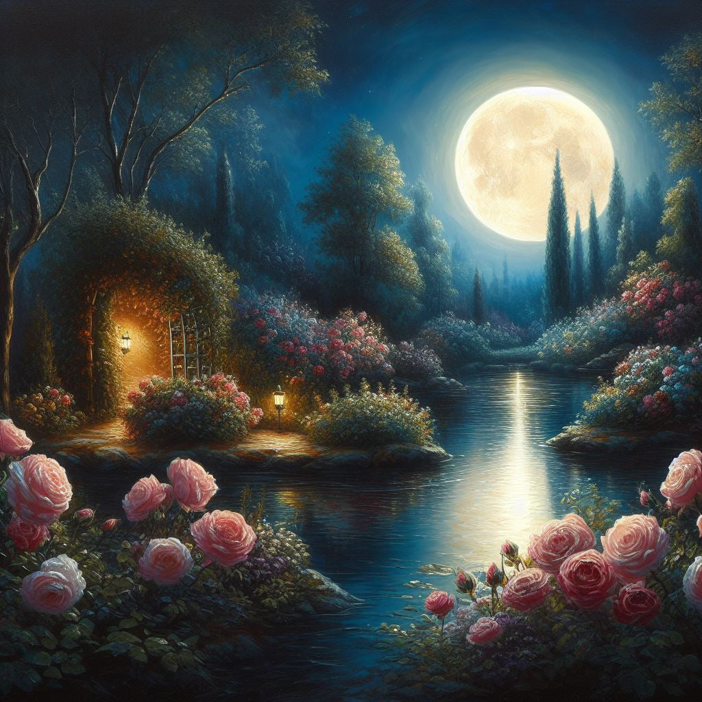 Moonlight Garden of Roses Oil Painting Art Print