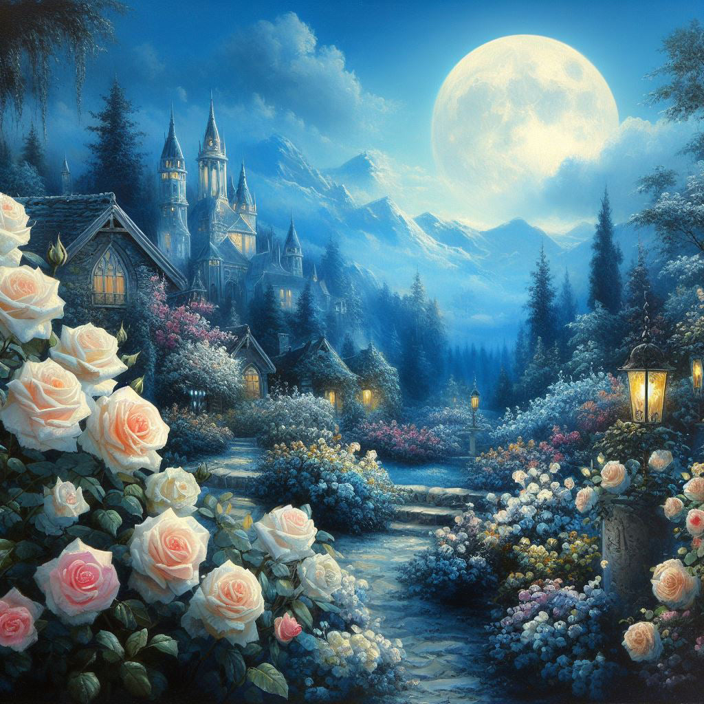 Moonlight Garden of Roses Oil Painting II Art Print