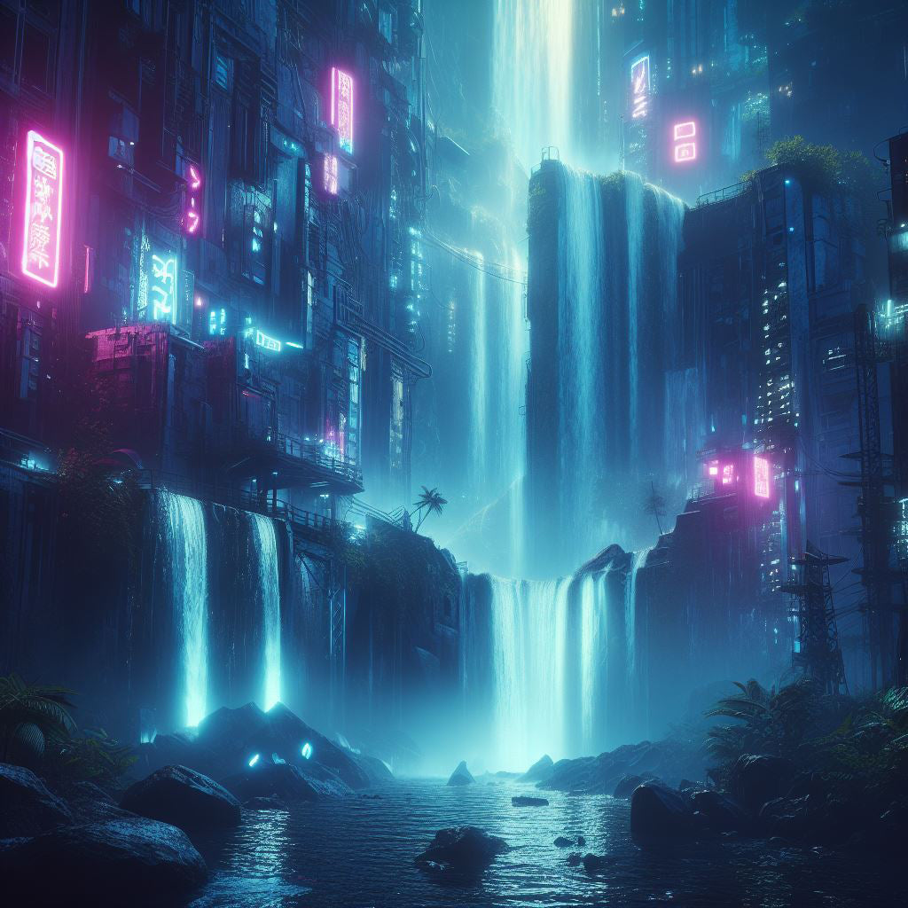 Cyberpunk Waterfall Digital Matte Painting Art Print