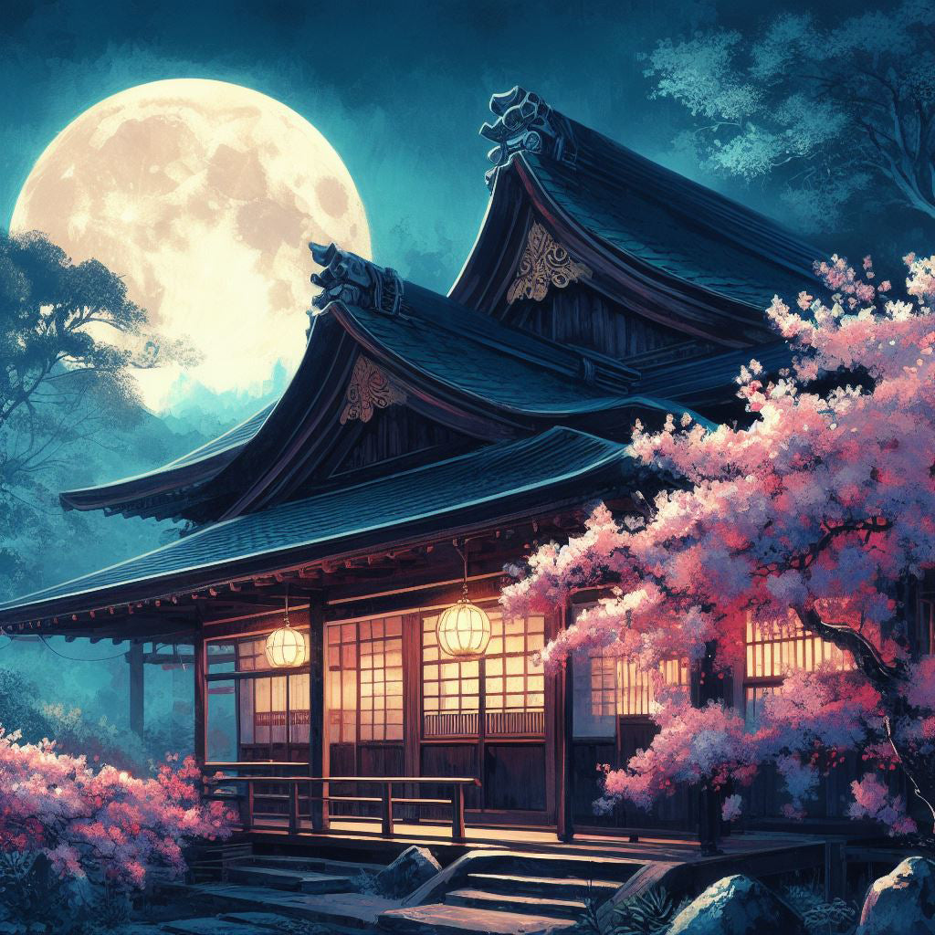 Traditional Japanese House with Cherry Blossoms in The Moonlight Digital Painting Art Print