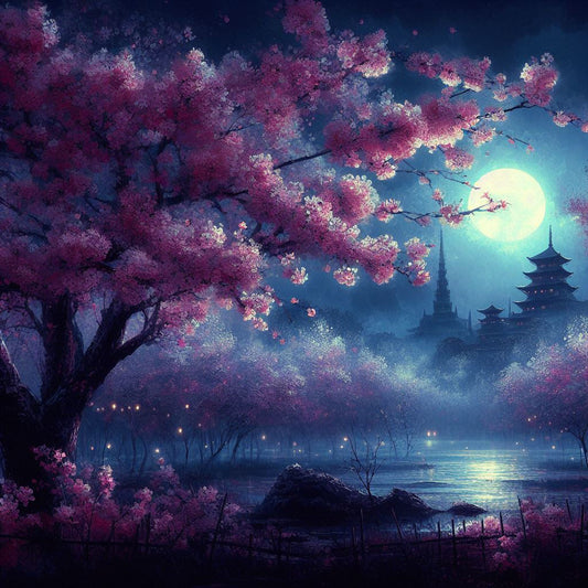 Cherry Blossoms in The Moonlight Digital Painting Art Print