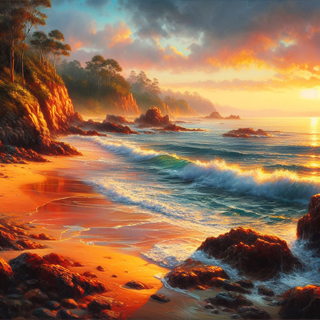 Beachside Cove at Sunrise Oil Painting Art Print