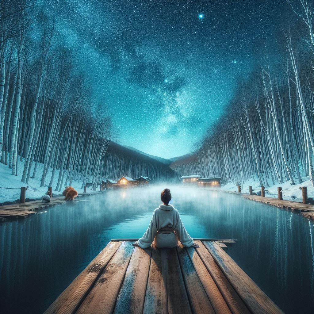 Japanese Hot Springs at Night Digital Photograph Art Print