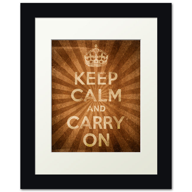 Keep Calm And Carry On, framed print (antique sunburst)