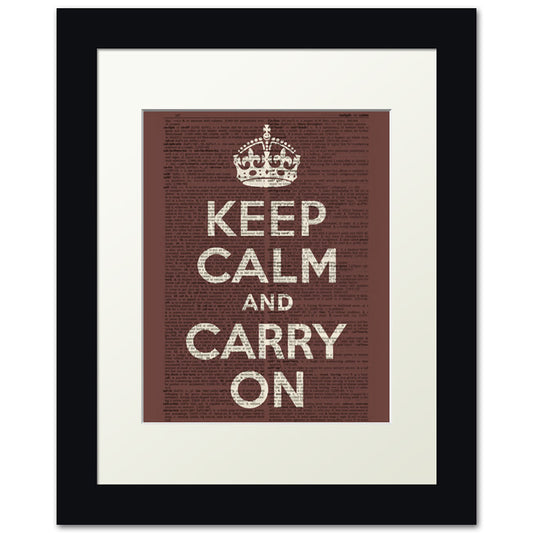 Keep Calm And Carry On, framed print (brown, dictionary text)